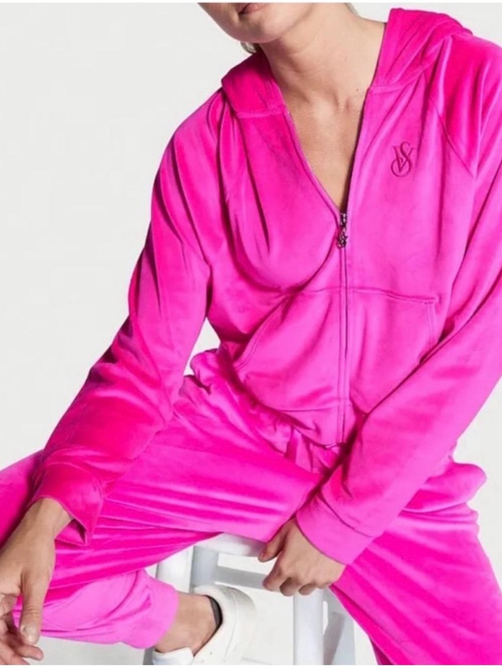 PINK Victoria's Secret Bright Pink Velour Zip Hoodie & Joggers